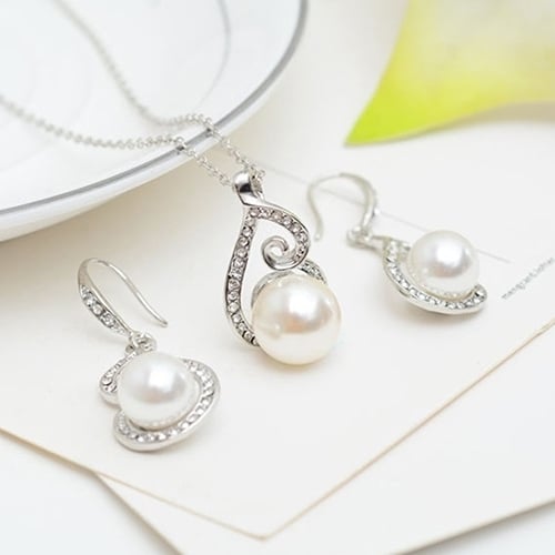Party Women Rhinestone Big Faux Pearl Necklace Hook Earrings Set Fashion Jewelry Image 3