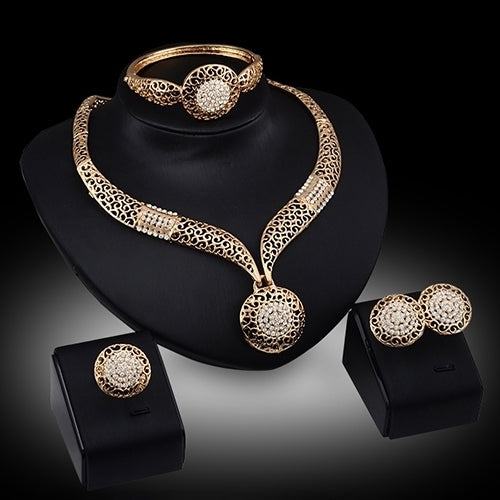 Women Banquet Wedding Party Hollow Rhinestone Necklace Bracelet Ring Earrings Set Image 1