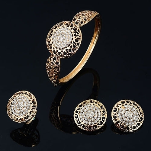 Women Banquet Wedding Party Hollow Rhinestone Necklace Bracelet Ring Earrings Set Image 4