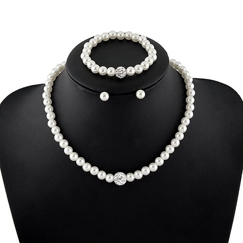 Womens Bride Wedding Jewelry Set Crystal Faux Pearl Necklace Bracelet Earrings Image 1