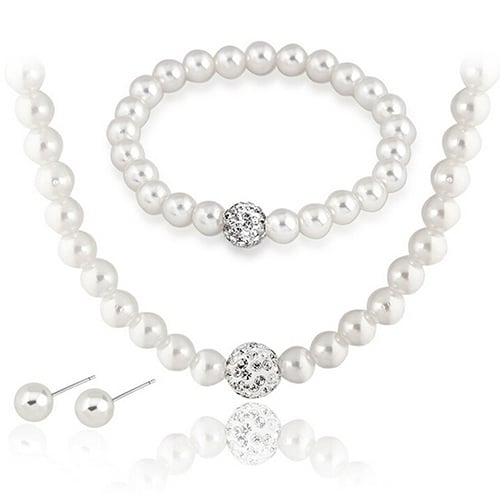 Womens Bride Wedding Jewelry Set Crystal Faux Pearl Necklace Bracelet Earrings Image 2