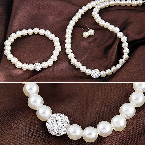 Womens Bride Wedding Jewelry Set Crystal Faux Pearl Necklace Bracelet Earrings Image 3