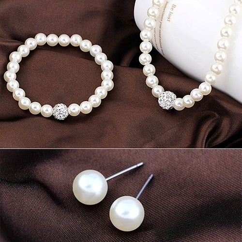 Womens Bride Wedding Jewelry Set Crystal Faux Pearl Necklace Bracelet Earrings Image 4