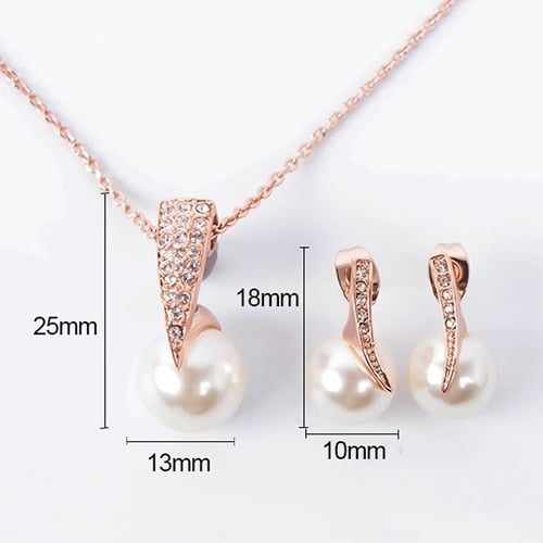 Wedding Jewelry Set Bride Rose Gold Crystal Faux Pearl Pendant Necklace Earrings Image 9