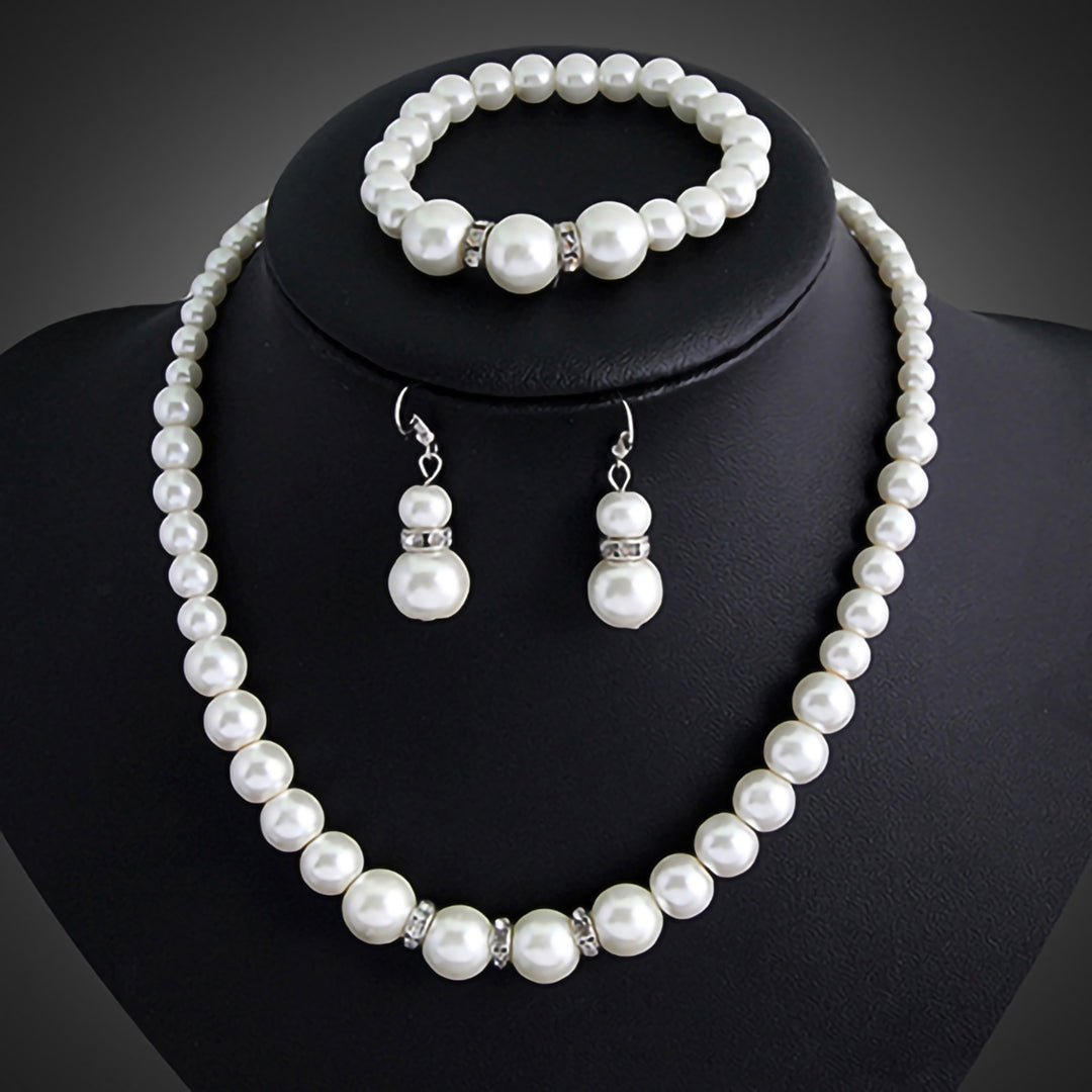 Women Faux Pearls Alloy Necklace Bracelet Earrings Wedding Bridal Jewelry Set Image 1