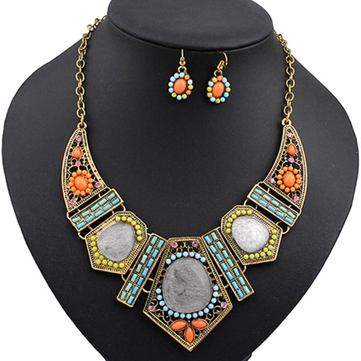 Womens Boho Colorful Hollow Statement Chain Choker Necklace Hook Earrings Set Image 1