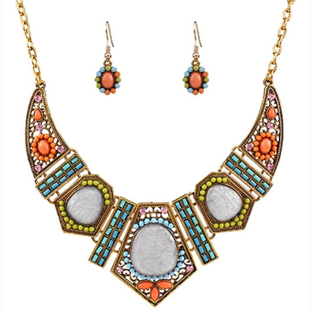 Womens Boho Colorful Hollow Statement Chain Choker Necklace Hook Earrings Set Image 2