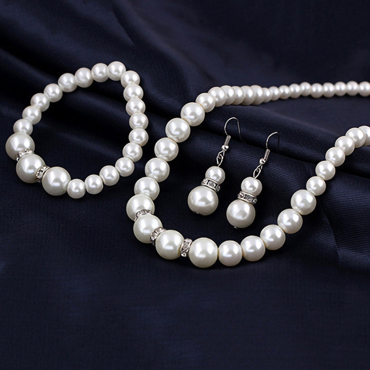 Women Faux Pearls Alloy Necklace Bracelet Earrings Wedding Bridal Jewelry Set Image 3