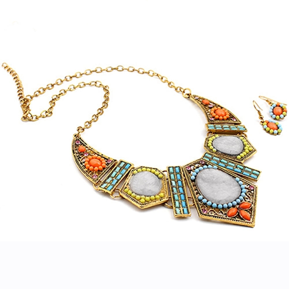 Womens Boho Colorful Hollow Statement Chain Choker Necklace Hook Earrings Set Image 3