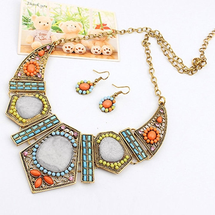 Womens Boho Colorful Hollow Statement Chain Choker Necklace Hook Earrings Set Image 6