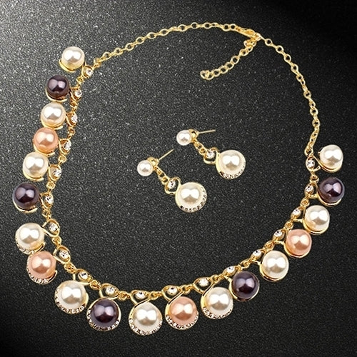 Women Faux Pearls Rhinestone Chain Necklace Earrings Wedding Bride Jewelry Set Image 3