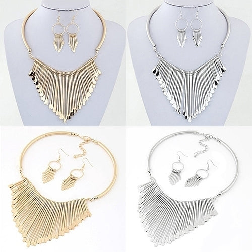 Womens Fashion Luxury Tassel Pendant Choker Necklace Hook Earrings Jewelry Set Image 2