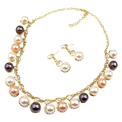 Women Faux Pearls Rhinestone Chain Necklace Earrings Wedding Bride Jewelry Set Image 4