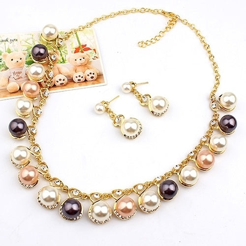 Women Faux Pearls Rhinestone Chain Necklace Earrings Wedding Bride Jewelry Set Image 6