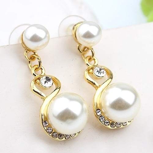 Women Faux Pearls Rhinestone Chain Necklace Earrings Wedding Bride Jewelry Set Image 7