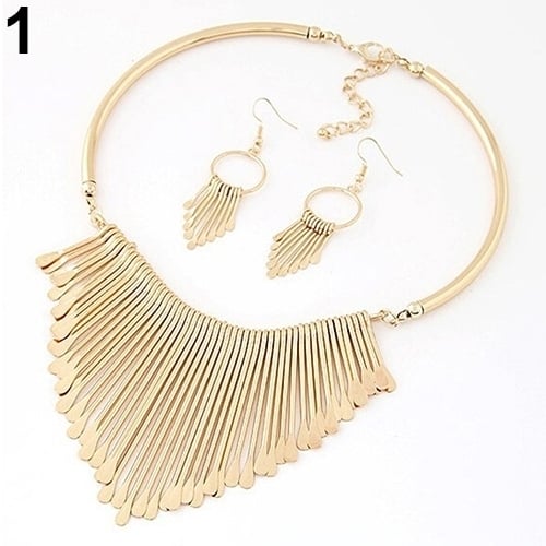 Womens Fashion Luxury Tassel Pendant Choker Necklace Hook Earrings Jewelry Set Image 10