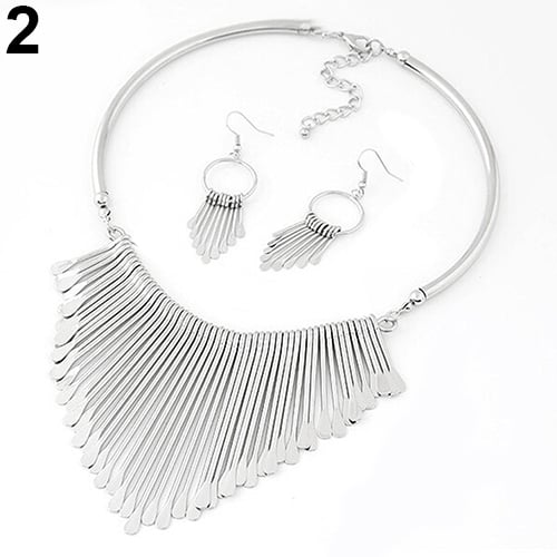 Womens Fashion Luxury Tassel Pendant Choker Necklace Hook Earrings Jewelry Set Image 11