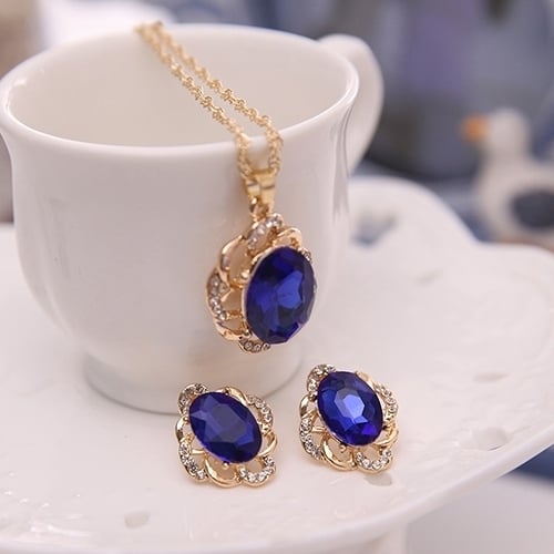 Women Fashion Hollow Rhinestone Pendant Necklace Ear Stud Earrings Jewelry Set Gift Image 4