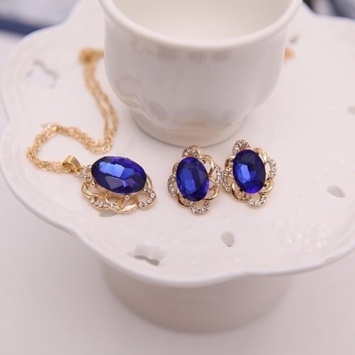 Women Fashion Hollow Rhinestone Pendant Necklace Ear Stud Earrings Jewelry Set Gift Image 8