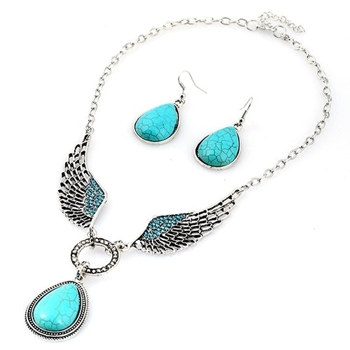 Retro Women Turquoise Pendant Wings Teardrop Hook Earrings Necklace Jewelry Set Image 1