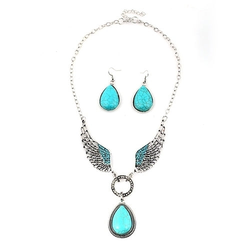 Retro Women Turquoise Pendant Wings Teardrop Hook Earrings Necklace Jewelry Set Image 2