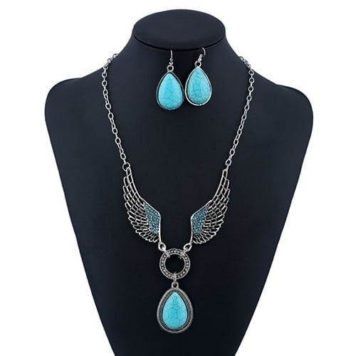 Retro Women Turquoise Pendant Wings Teardrop Hook Earrings Necklace Jewelry Set Image 3