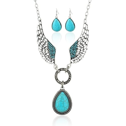 Retro Women Turquoise Pendant Wings Teardrop Hook Earrings Necklace Jewelry Set Image 4