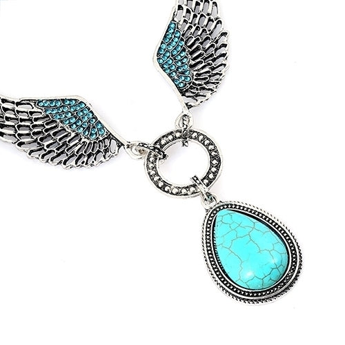 Retro Women Turquoise Pendant Wings Teardrop Hook Earrings Necklace Jewelry Set Image 4