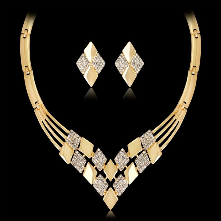 Women KC Gold Plated Rhombus Shape Necklace Earrings Rhinestones Jewelry Set Image 2