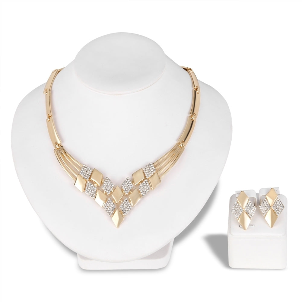 Women KC Gold Plated Rhombus Shape Necklace Earrings Rhinestones Jewelry Set Image 3