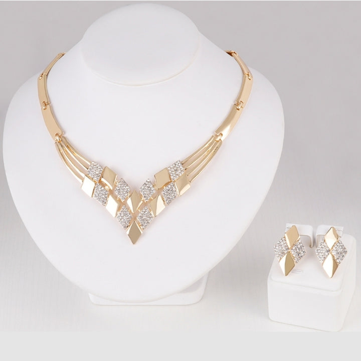 Women KC Gold Plated Rhombus Shape Necklace Earrings Rhinestones Jewelry Set Image 4