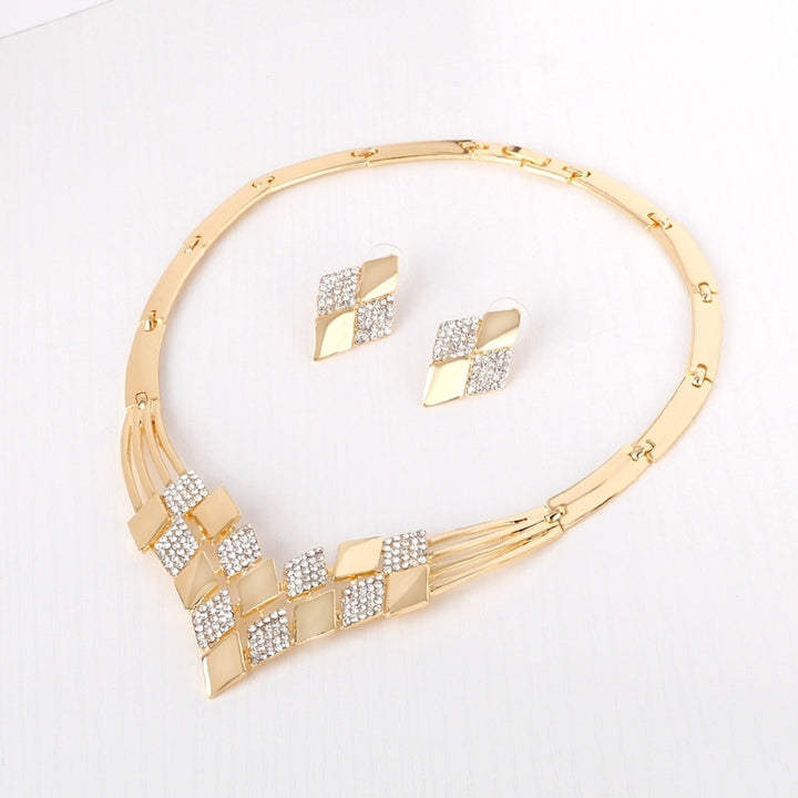 Women KC Gold Plated Rhombus Shape Necklace Earrings Rhinestones Jewelry Set Image 4