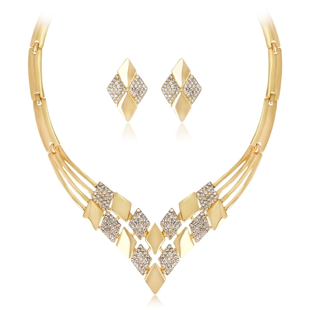 Women KC Gold Plated Rhombus Shape Necklace Earrings Rhinestones Jewelry Set Image 10