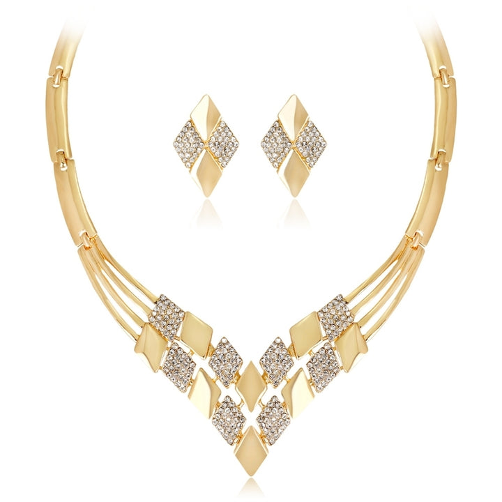 Women KC Gold Plated Rhombus Shape Necklace Earrings Rhinestones Jewelry Set Image 10