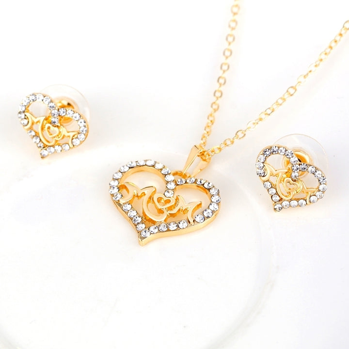 Women KC Gold Plated Mom Hollow Heart Necklace Jewelry Set Bracelet Earrings Image 2