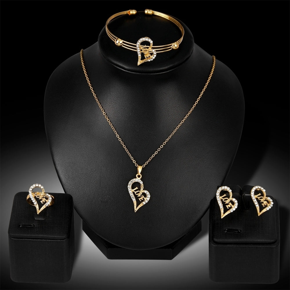 Women Hollow Love Heart Pendant Necklace Bracelet Ring Earrings Jewelry Set Image 2