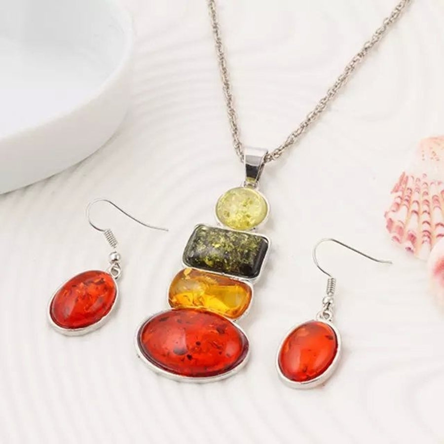 Fashion Unique Artificial Amber Long Pendant Necklace Earrings Set Women Jewelry Image 1