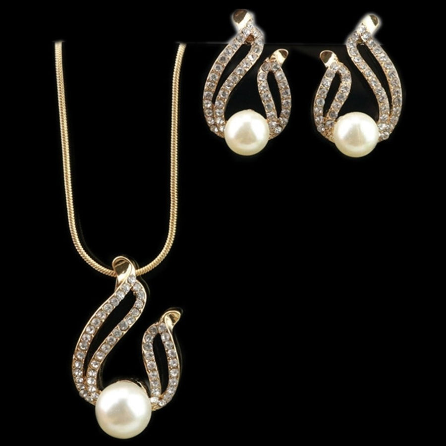 Faux Pearl Water Drop Charm Pendant Earrings Necklace Socialite Lady Jewelry Set Image 1