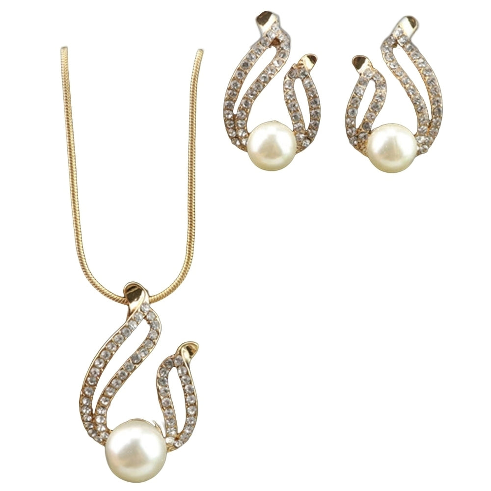 Faux Pearl Water Drop Charm Pendant Earrings Necklace Socialite Lady Jewelry Set Image 2