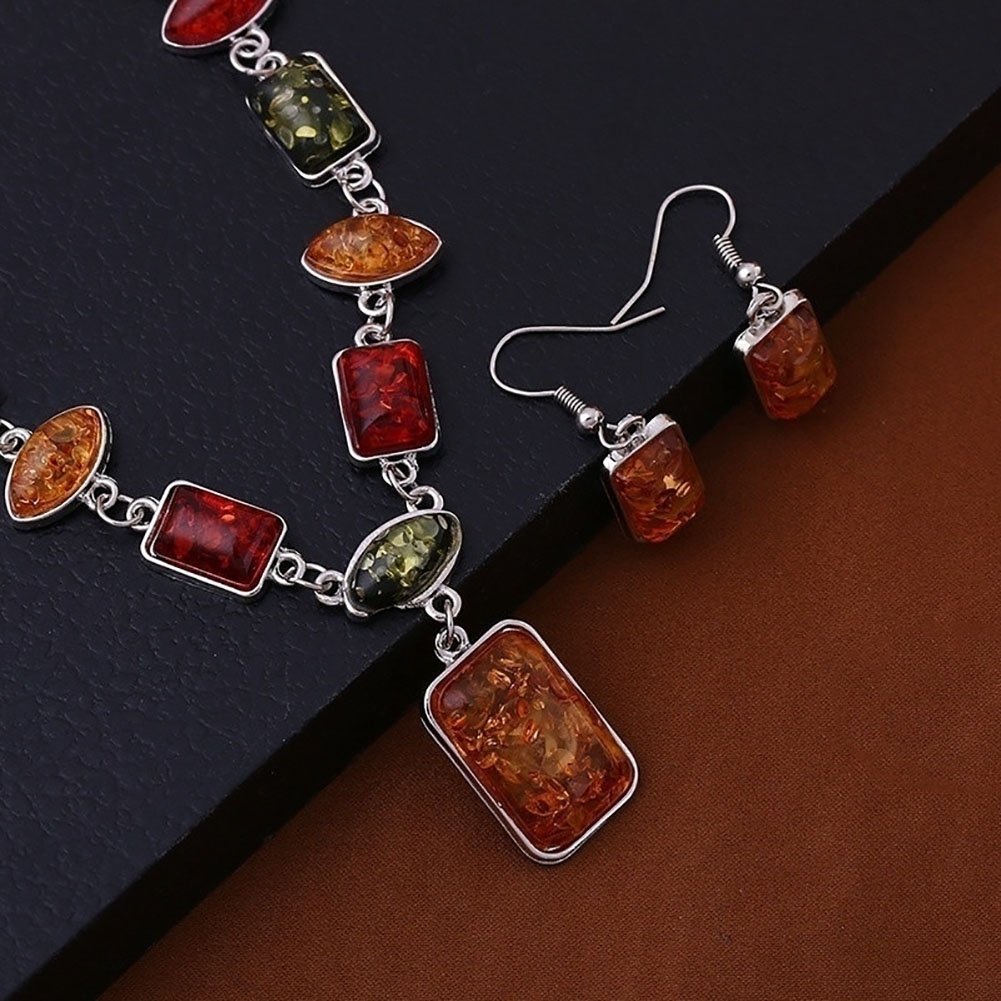 Square Oval Amber African Style Women Necklace Hook Earrings Party Jewelry Set Image 2