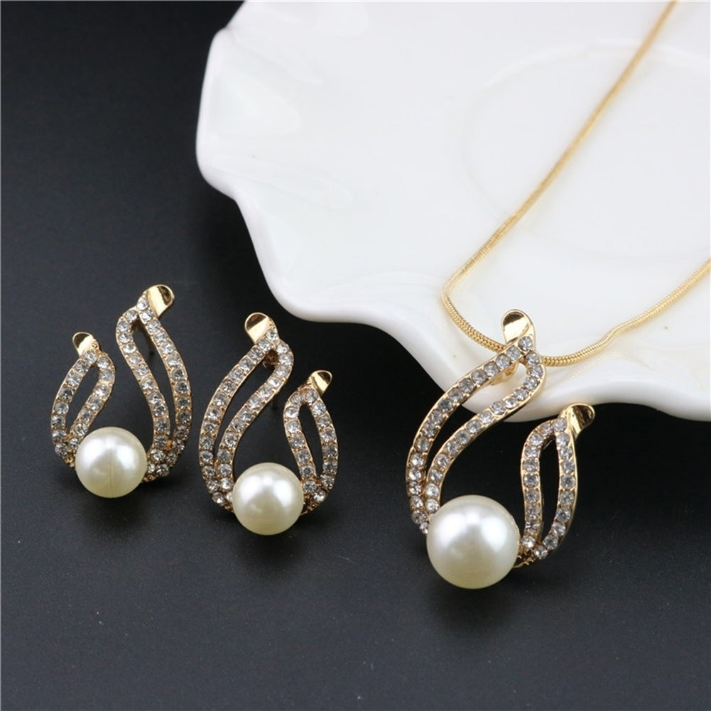 Faux Pearl Water Drop Charm Pendant Earrings Necklace Socialite Lady Jewelry Set Image 3