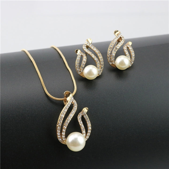 Faux Pearl Water Drop Charm Pendant Earrings Necklace Socialite Lady Jewelry Set Image 4