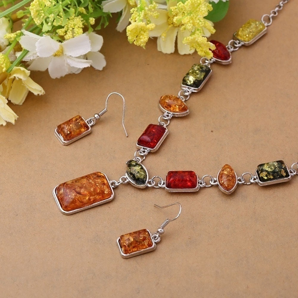 Square Oval Amber African Style Women Necklace Hook Earrings Party Jewelry Set Image 4