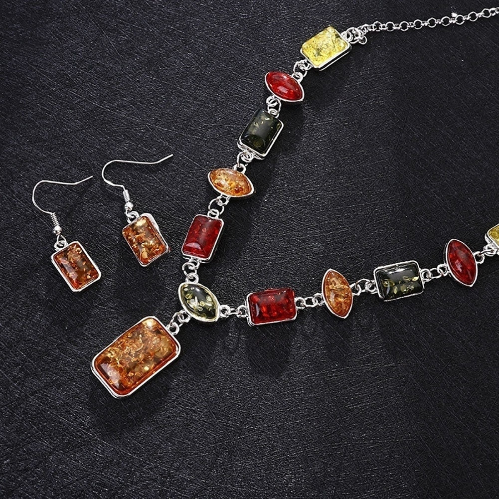 Square Oval Amber African Style Women Necklace Hook Earrings Party Jewelry Set Image 4