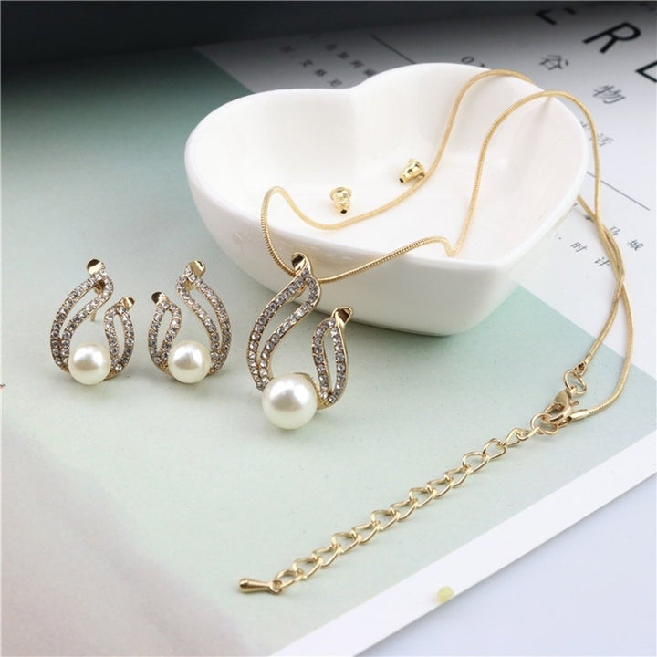 Faux Pearl Water Drop Charm Pendant Earrings Necklace Socialite Lady Jewelry Set Image 8