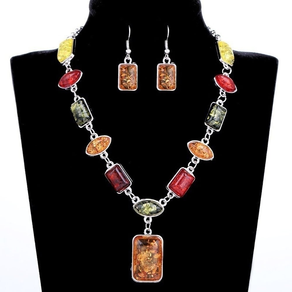 Square Oval Amber African Style Women Necklace Hook Earrings Party Jewelry Set Image 8