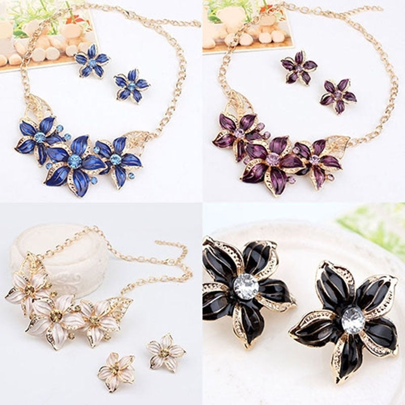 Fashion Women Rhinestone Flower Statement Pendant Necklace Earrings Jewelry Set Image 1