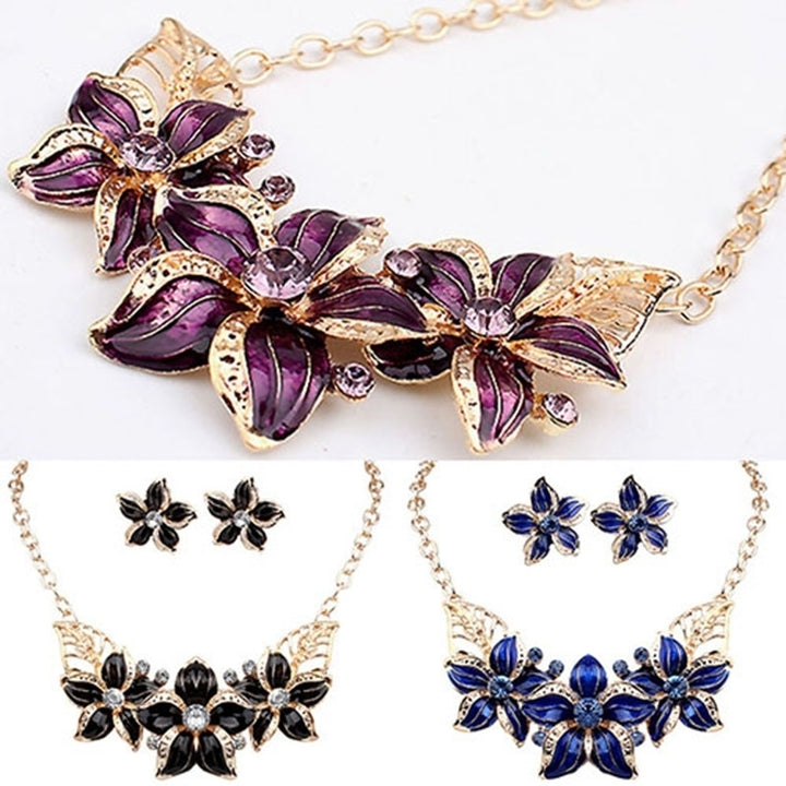 Fashion Women Rhinestone Flower Statement Pendant Necklace Earrings Jewelry Set Image 2