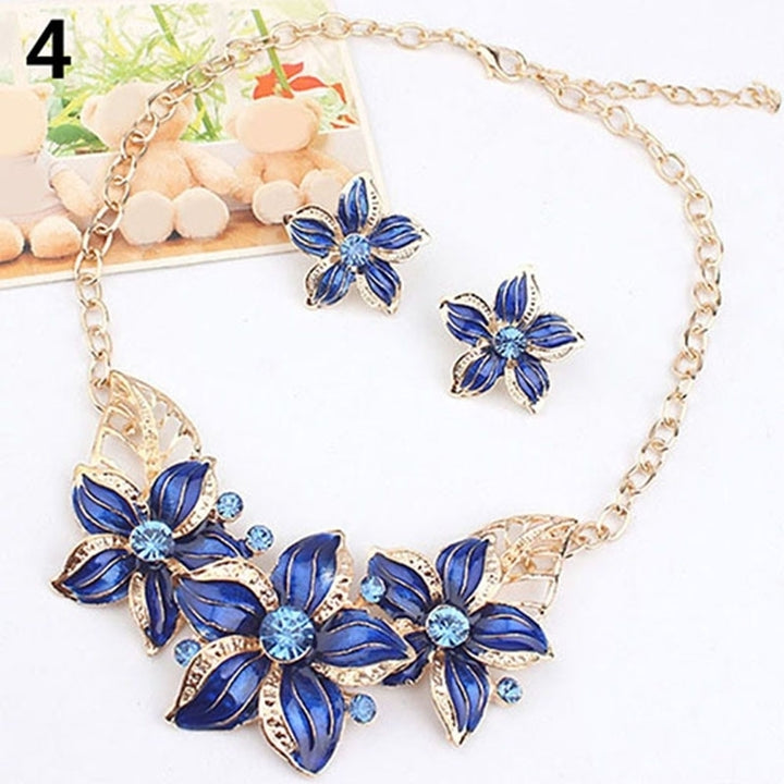 Fashion Women Rhinestone Flower Statement Pendant Necklace Earrings Jewelry Set Image 6