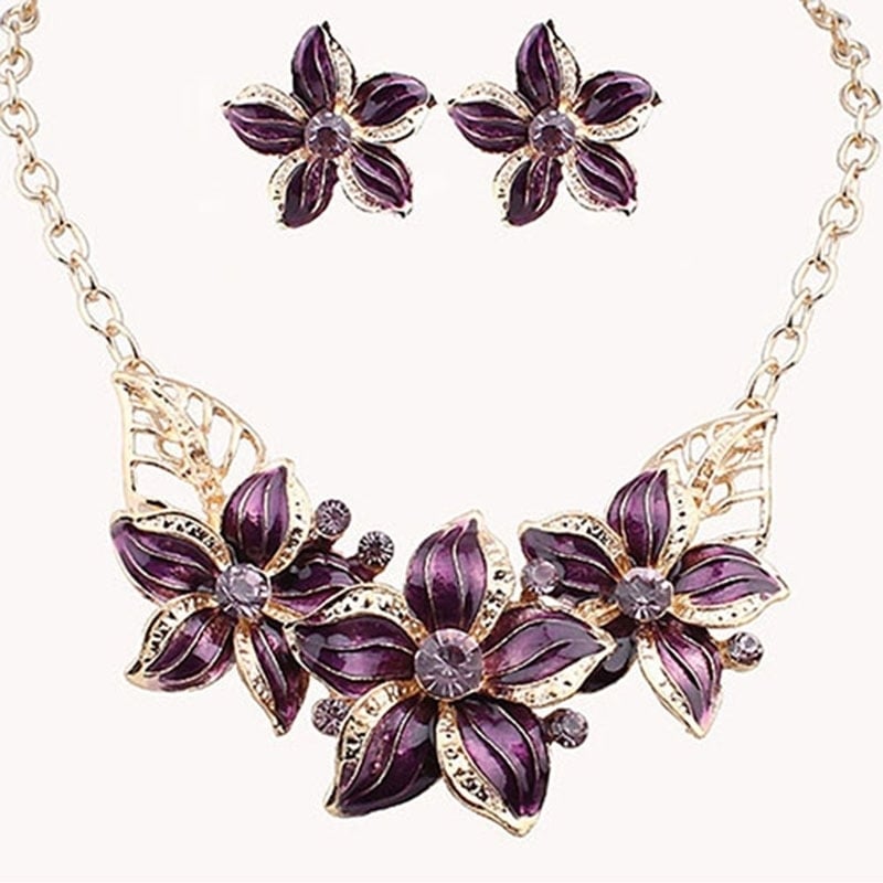 Fashion Women Rhinestone Flower Statement Pendant Necklace Earrings Jewelry Set Image 1